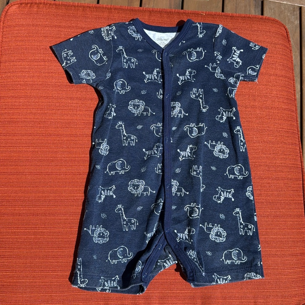 Navy Blue Animal Print Kids Snaps One Piece Short Sleeve Short Combo